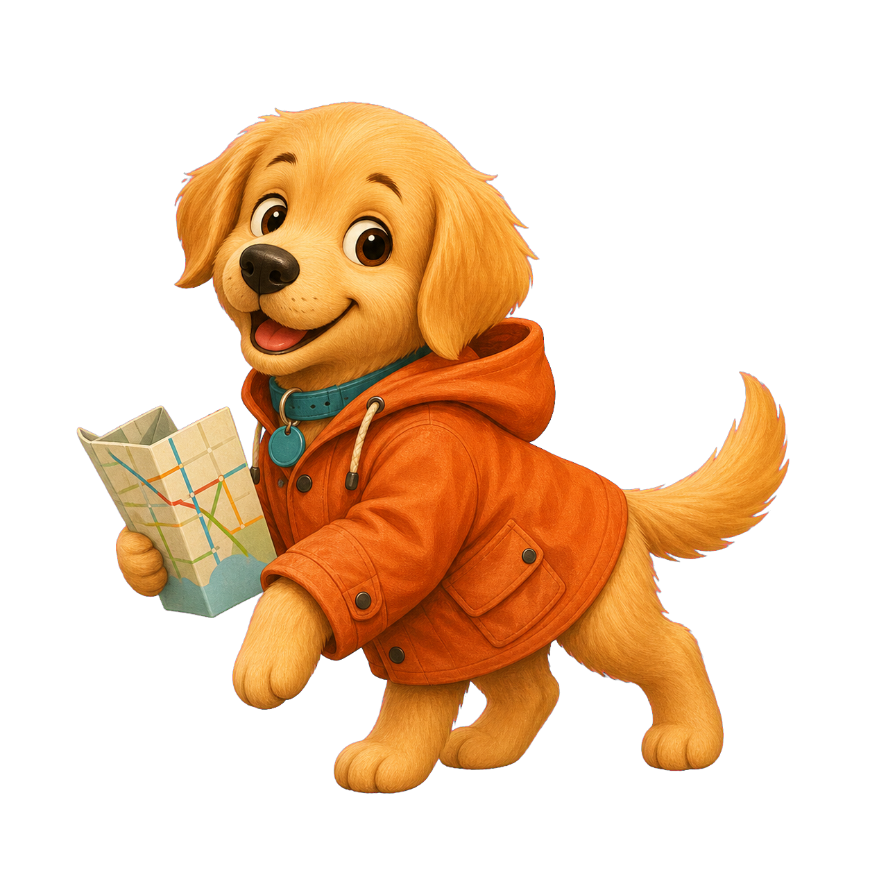 Kilo, a golden puppy holding a map